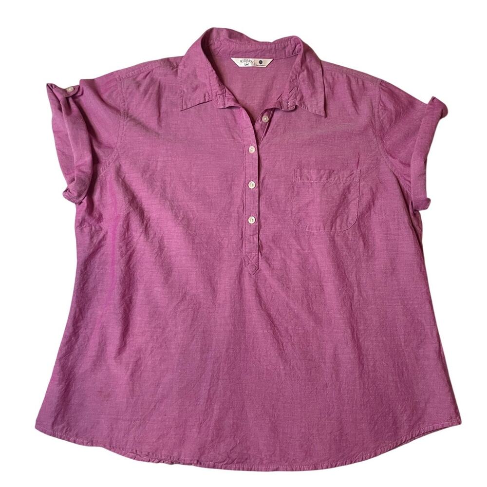 Riders by Lee Cotton Half Button Short Roll Tab Sleeve Purple Collared Top XL